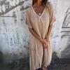 2025 Casual Spring/Summer V-Neck Solid Color Cotton Linen Short Sleeve Dress