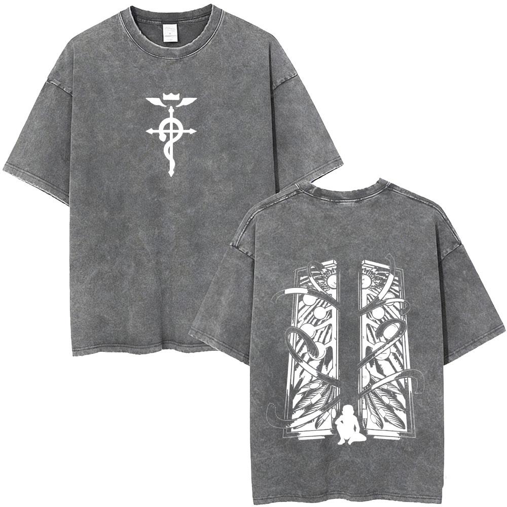 Camiseta Gráfica Lavada Vintage Anime Fullmetal Alchemist Edward Elric y Alphonse Elric para Hombre Mujer Manga Verano Retro Camisetas