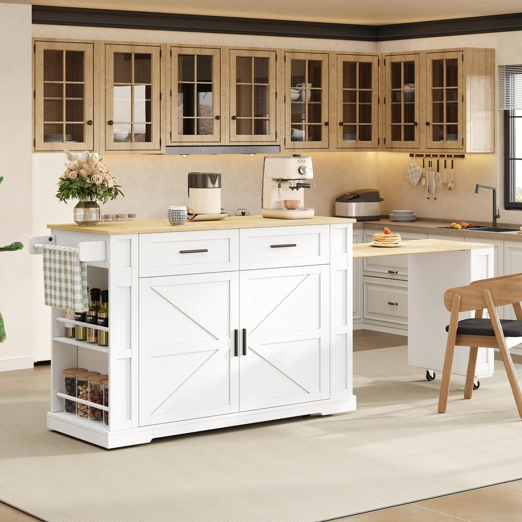 Kücheninsel mit ausziehbarer Arbeitsplatte, 120×50×93cm, Steckdosenleiste, 2 Schubladen, Doppeltürschrank, verstellbarer Einlegeboden, Handtuchhalter & 7 Rollen, Weiß/Eiche