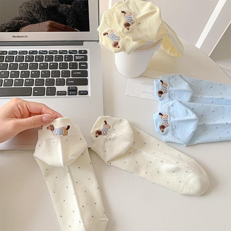 Spring and Summer Children's Thin Style Short Socks with Polka Dots, Cute Cartoon Dachshund Embroidery, Spring Cotton Short Tube Trendy Socks