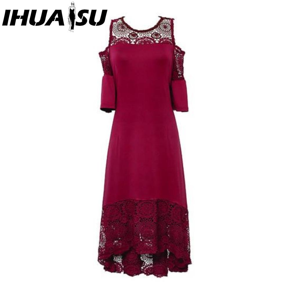 IHUASU Embroidery Lace Patchwork Plus Size Women Dress Flared Short Sleeve Cold Shoulder High Waist