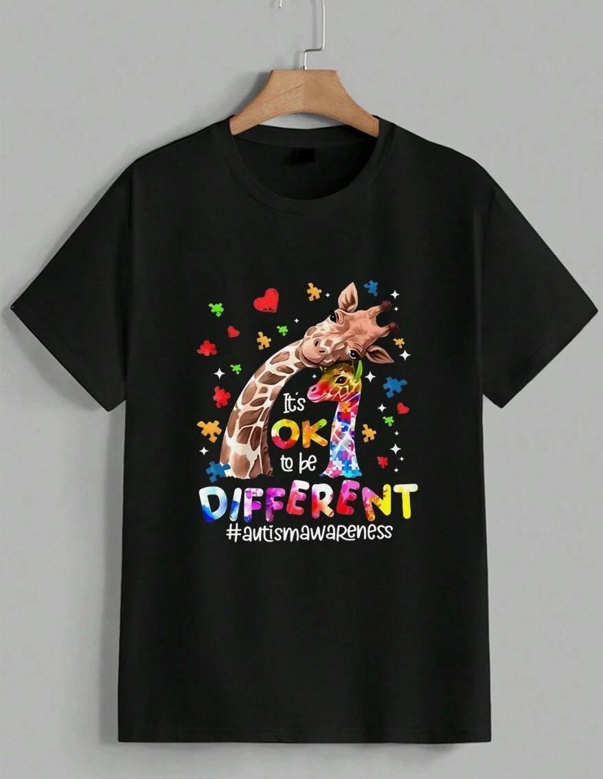 Autistic Autism Awareness Giraffe It’s OK To Be Different Puzzle T-Shirt Unisex M