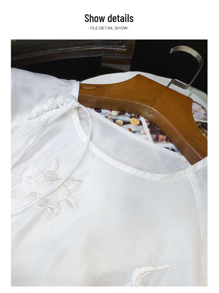 Women's White Embroidered Chinese-Style Round Neck Shirt - 2022 Autumn Casual Fashion Top