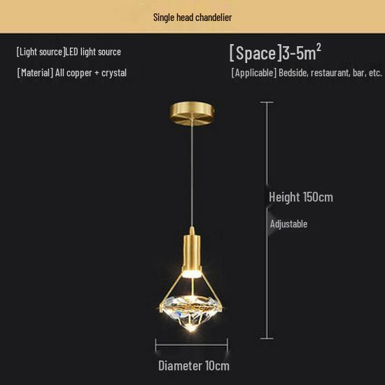 

Copper Crystal Pendant Light: Minimalist Nordic Bedside Chandelier With LED Three-Color Light