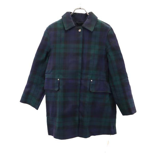 Mackintosh check Long sleeve Stainless collar coat 34 green x blue Women Used