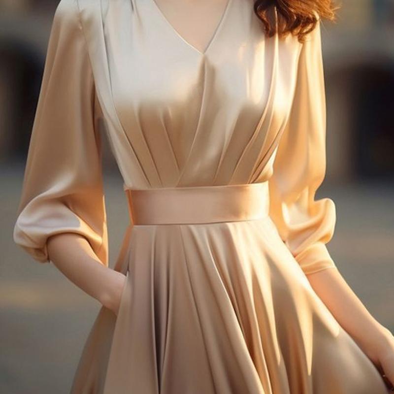 Letní Nové Jednobarevné Saténové Midi Šaty Dámské Výstřih do V Módní Poloviční Rukáv Šaty High Street Elegantní Skládané Šik Vestidos