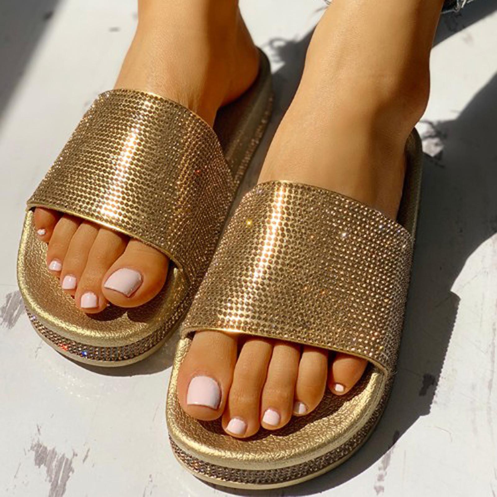 

Женские тапочки Sagit со стразами, повседневные шлепанцы, красивые сандалии со стразами на толстой подошве 38 золотой