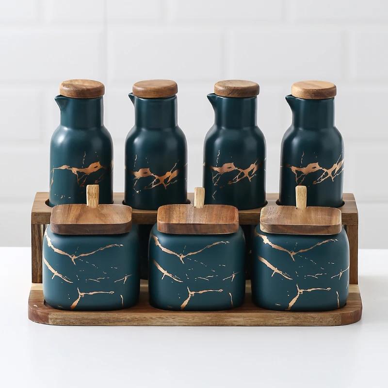 Matte Marble Pattern Ceramic Kitchen Spice Jar Oiler Set Wooden Cover Salt Shaker Spice Jar Kitchen Condiment Storage Rack Set