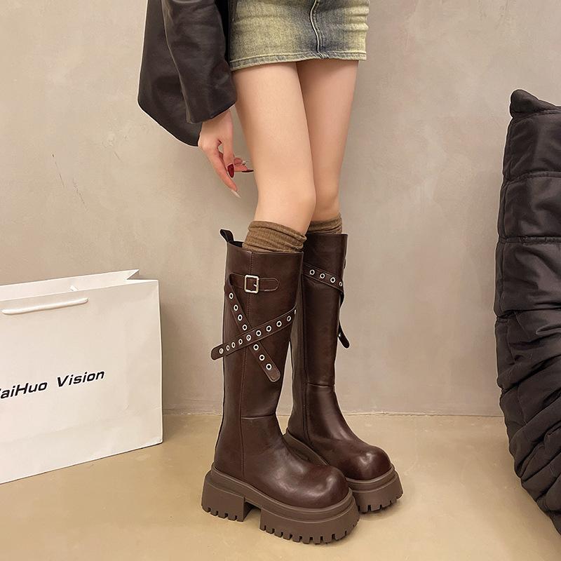 But Knee Boots Women's 2025 Autumn Explosion New Belt Buckle Handsome Heightening Tube Thick-soled Knight Boots Women's Boots