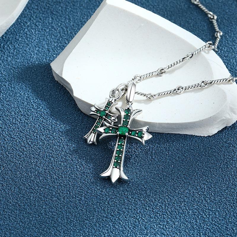S925 Sterling Silver Green Zirconium Double Cross Pendant for Men and Women Trendy Sweet Cool Style Niche Ins Hip Hop Sweater Chain Necklace for Women