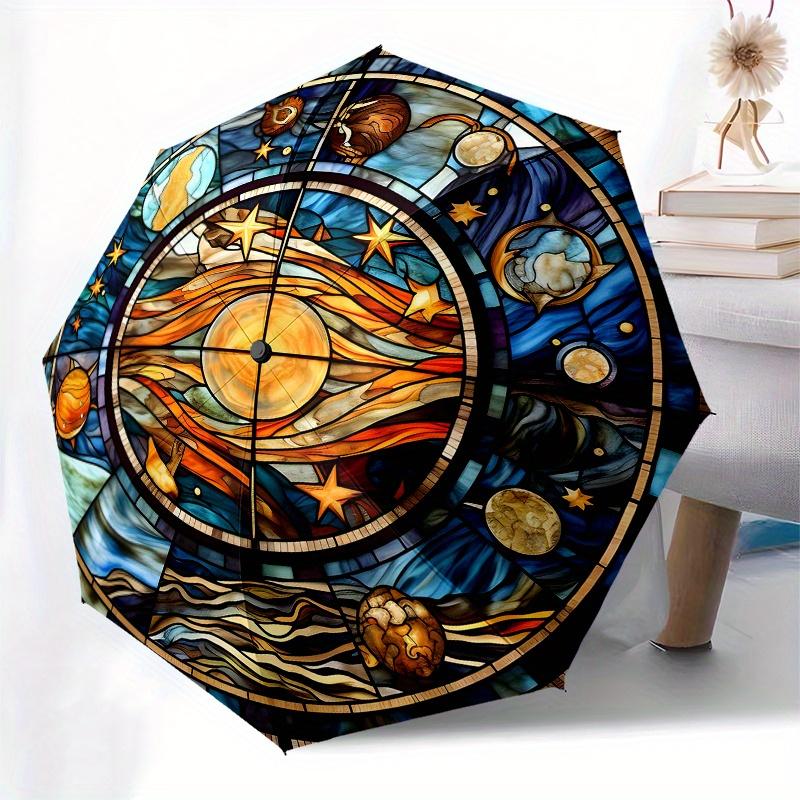 Stained Celestial Window Panel: Vibrant Solar System DesignUmbrella, Portable 3-Fold Compact Umbrella for Men & Women Gift