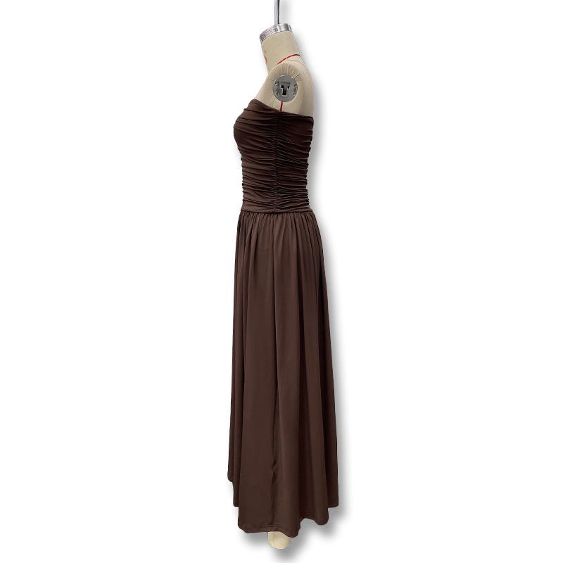Abito Maxi Donna Senza Spalline a Tubo Vita Arricciata Colore Unico Svasato Lunghezza Pavimento Estivo Casual Vacanza al Mare Abito Lungo