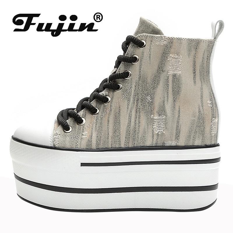 

Fujin/11 см джинсовые женские модные весенние ботильоны из натуральной кожи на танкетке, осенняя модная обувь высокого бренда на скрытом каблуке