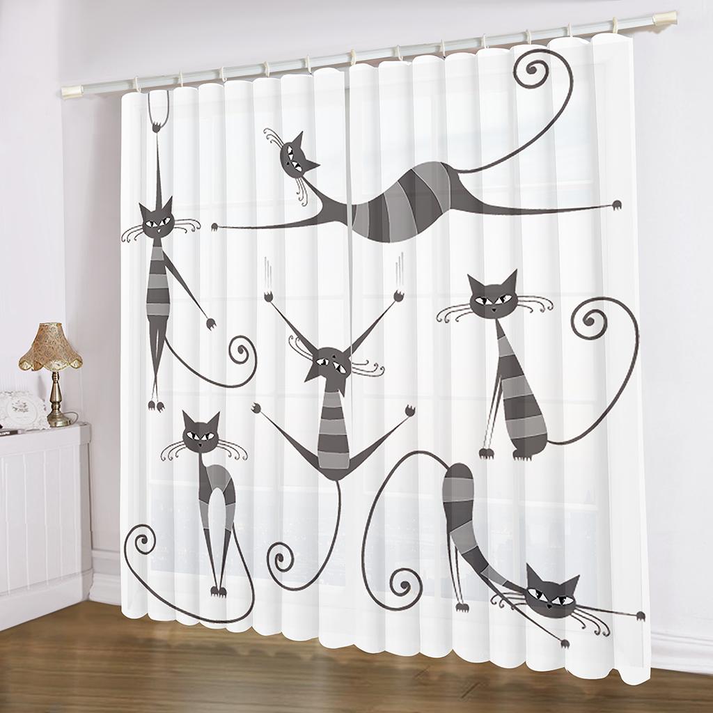 Cheap Cute Cartoon Funny Cat Kids 2 Pieces Free Shipping Thin Curtains for Living Room Bedroom Children's Window Drape Decor