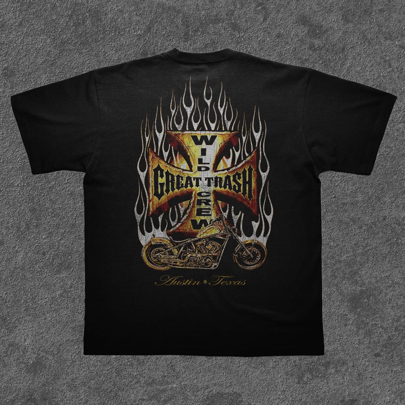 Wheels & Great Trash Flame Motorcycle Tee | Back Graphic Shirt S