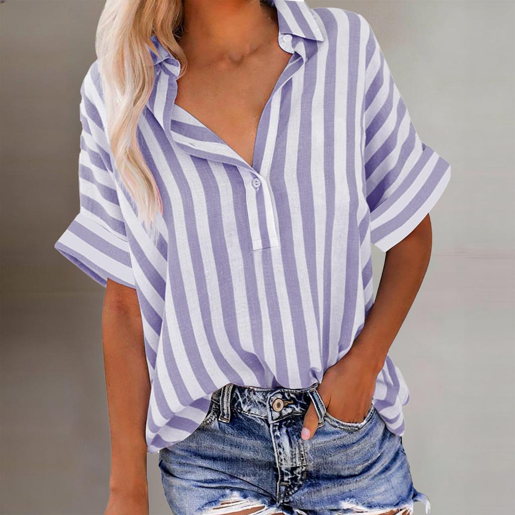 Womens Loose Fit Vertical Stripe Short Sleeve Button Down Collared Shirt Casual Lightweight Blouse Top