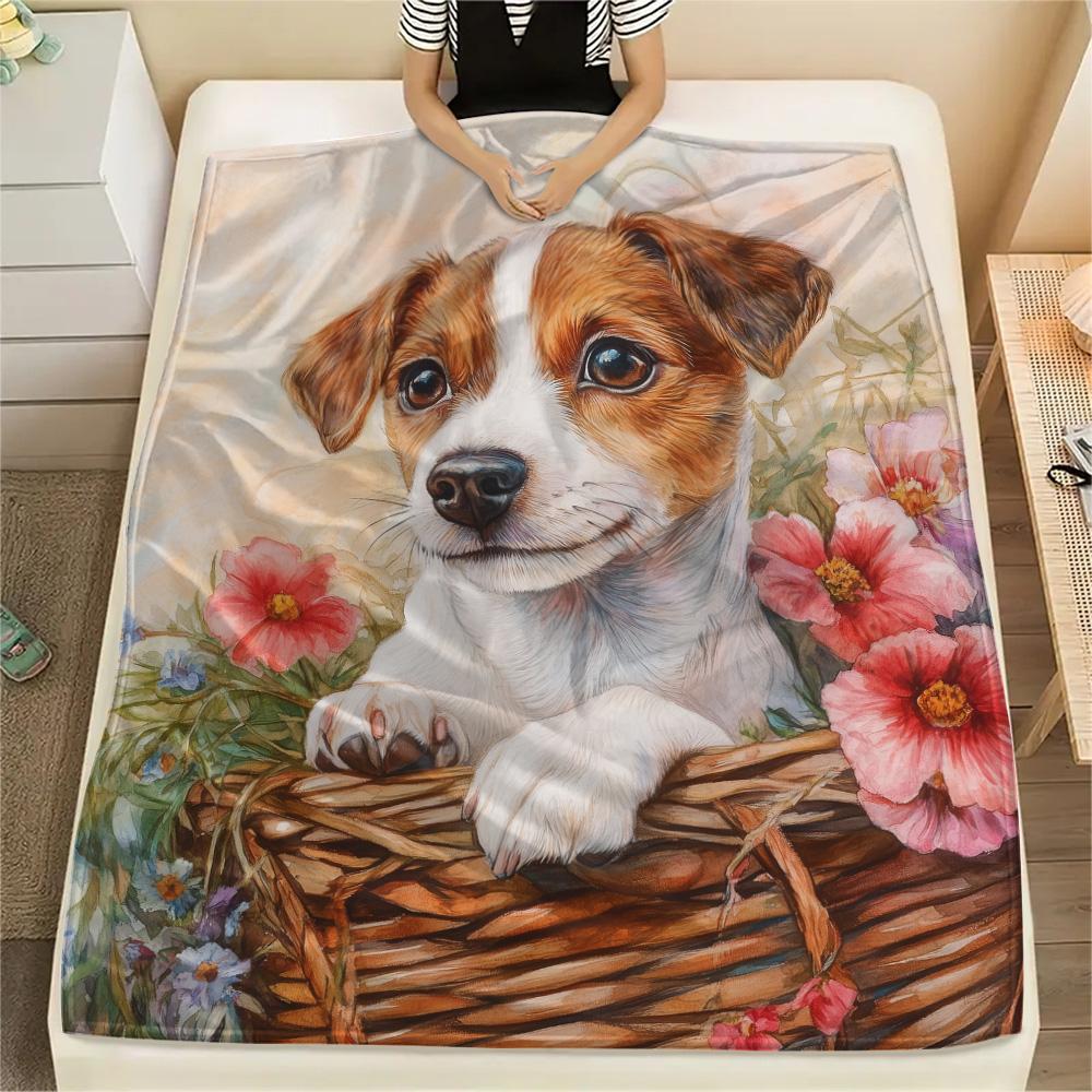 Flower Basket Dogs Print Flannel Blanket, High quality Comfortable for All Seasons, Home Decor, Warmth and Comfort