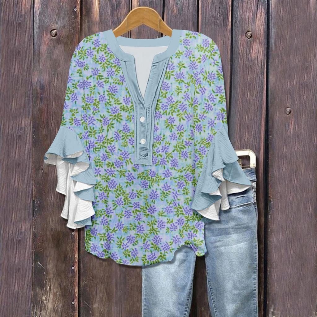 Women's Summer Tops V Neck Three-quarter Sleeves Floral Print Flowing Ruffle Sleeves Half-button Shirt