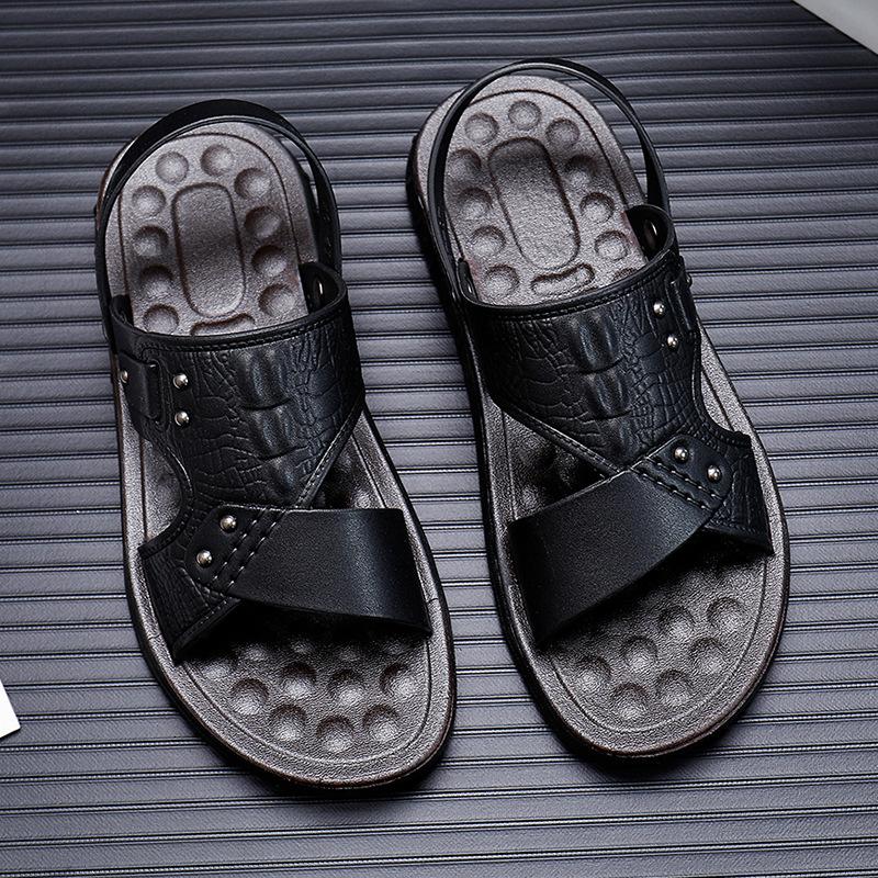 

Тапочки мужские летние новые сандалии с открытым носком кожаные сандалии с крокодиловым узором интегрированная повседневная модная пляжная мужская обувь 44 чёрный