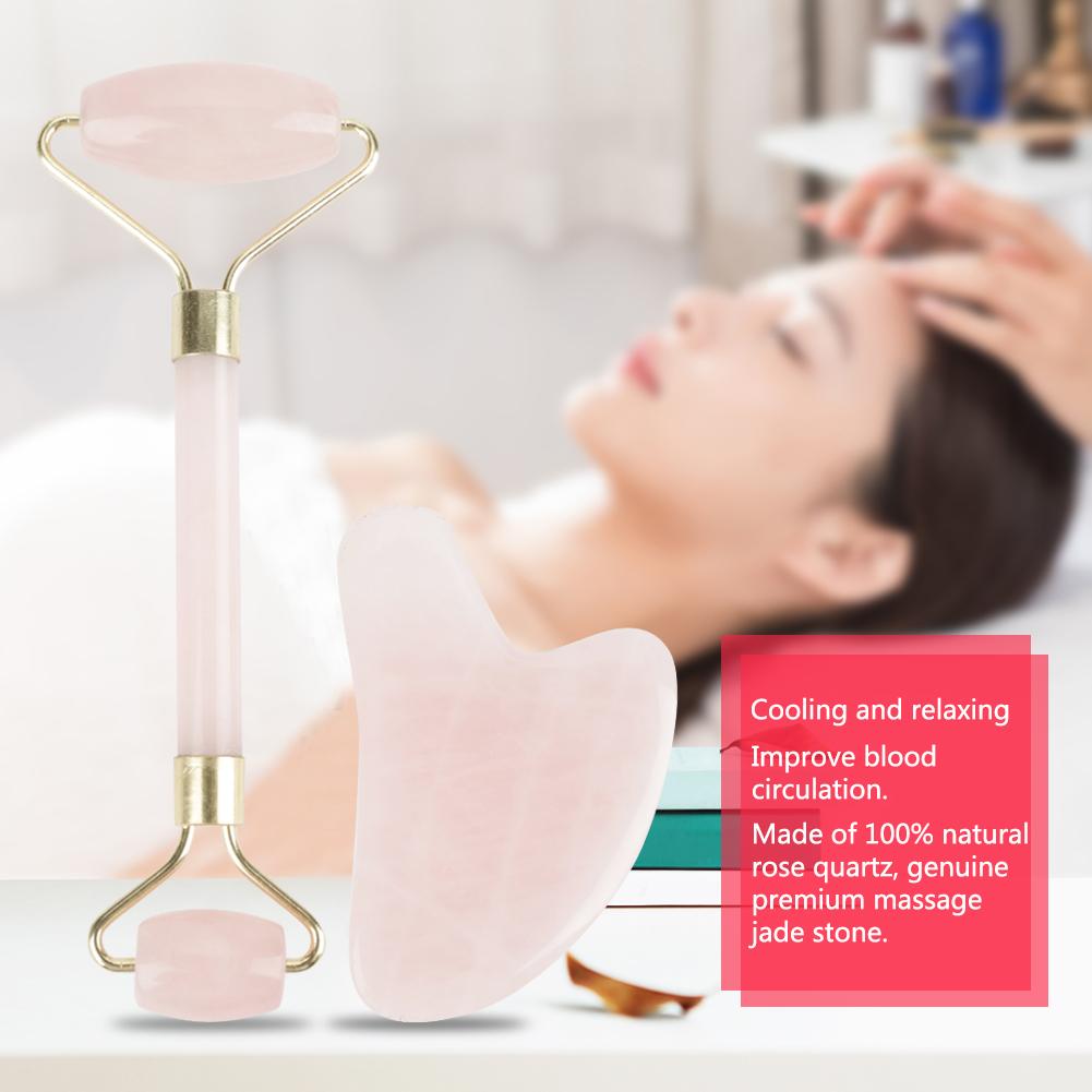 Natural Double Head Rose Quartz Jade Stone Roller & Scrapping Plate Face Massage Tool Kit