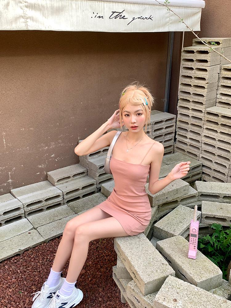 Pink Spicy Chic French Spaghetti Strap Dress - Women's Elegant Slim Fit