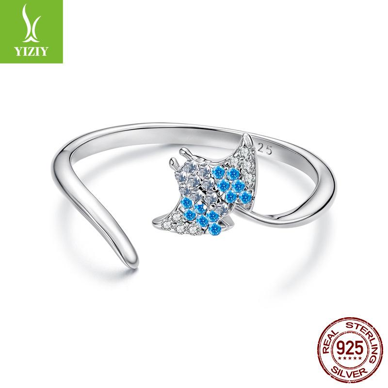 S925 Sterling Silver Blue Devil Fish Open Ring, Personalized Creative Silver Ring Jewelry