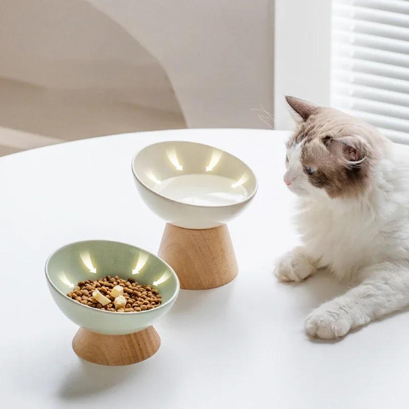 Cat Tilted Ceramic Bowl Small Dogs Elevated Food Water Feeders Pet Drinking Eating Supplies with Wooden Stand