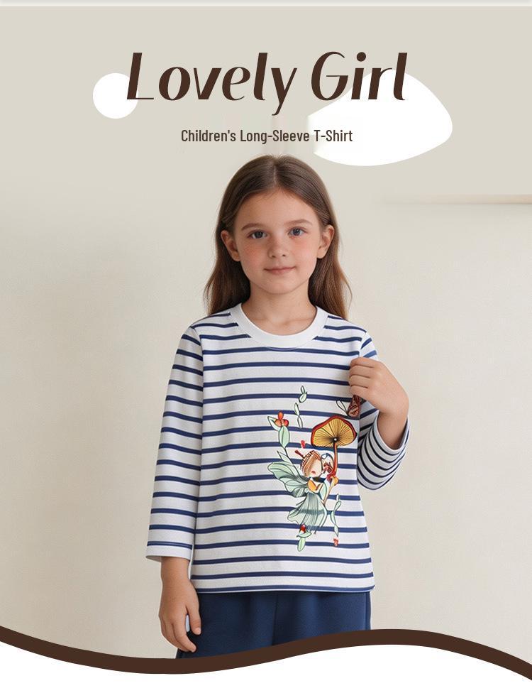 Autumn Girls' Long Sleeve Cartoon Print Striped Cotton T-shirt
