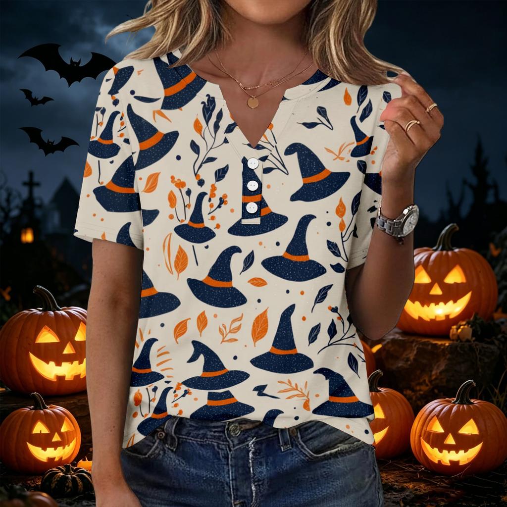 Women's Halloween Print Loose Fit V Neck Short Sleeve Top with Pocket Casual Shirt for Everyday Wear