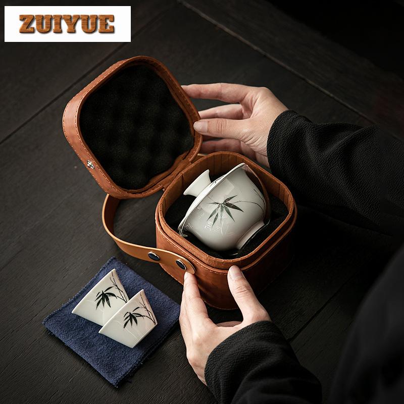 Hand Painted Lotus Glass Travel Tea Set Kit Retro 1 Pot 3 Cups Tea Brewing Travel Tea Set Portable Organizer Supplies Ornaments