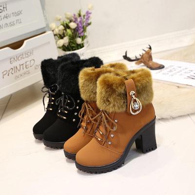 New Thick Heel Women's Boots Rhinestone Side Zipper Fashion Boots High Heel Wool Warm Martin Boots Women