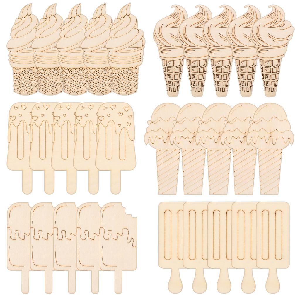 30Set Ice Cream Shaped Wooden Cutouts DIY Wood Unfinished Hanging Wood Craft for Painting Cutouts for DIY Art and Crafting
