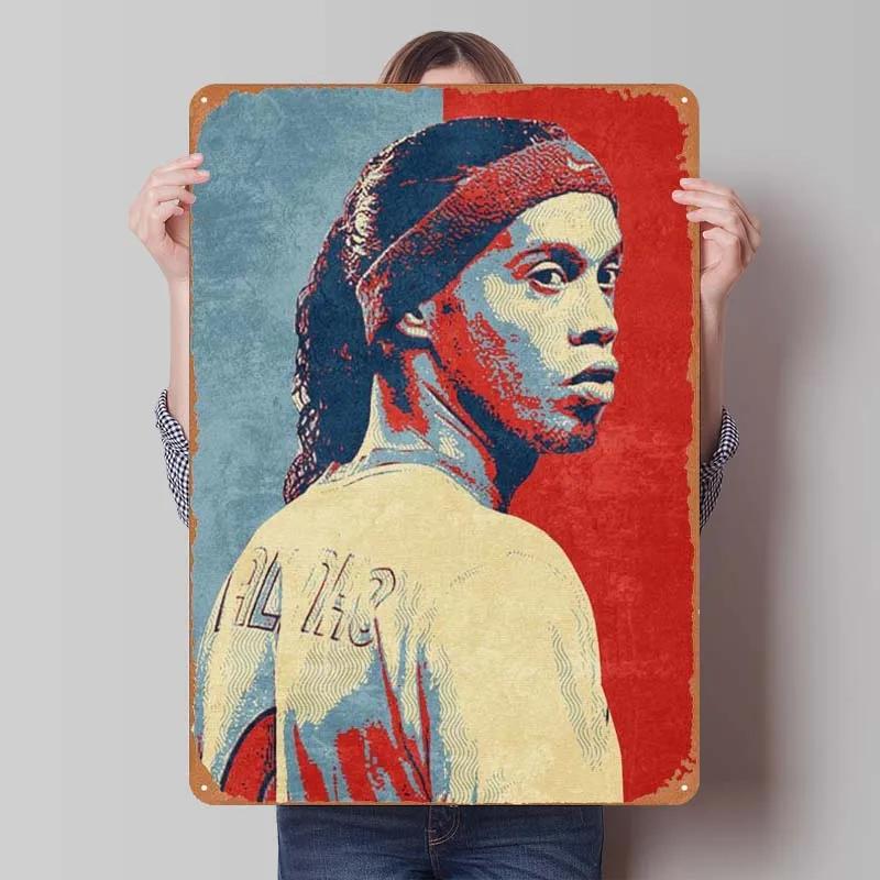 Ronaldinho Sign Sportposter Metallväggkonst av Muraler Vintage Metallplåtskylt Plakett för Väggkonstdekoration Mank Cave Retro Hem