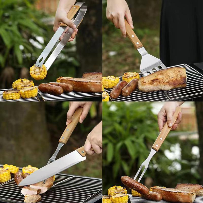 Outdoor BBQ Tools Stainless Steel Barbecue Tool Set Cloth Bag Fork Shovel Clip and Sweep Barbecue Sticks