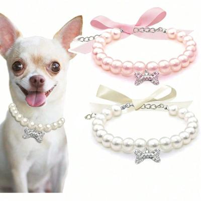 Pearl Necklace with Rhinestone Bone Decor for Dogs & Cats, Fashionable Cat Wedding Collar Jewelry Suitable for Girls, Cats, Small Dogs