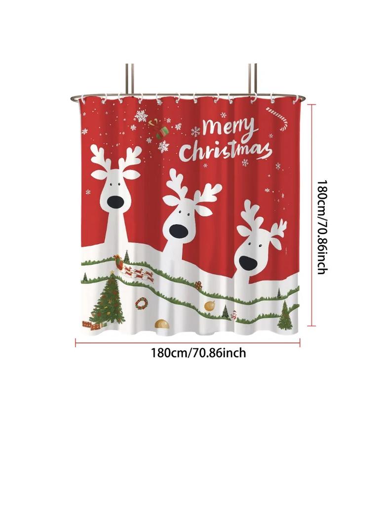 1pc Christmas Reindeer Print Perforated Waterproof Shower Curtain Privacy Multi Size Hanging Curtain 12 Hooks Easy Installatio