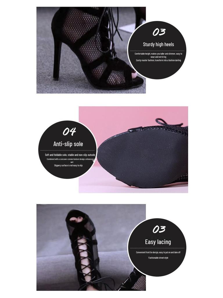 Schwarze Mesh-Wildleder Riemchen-High Heels - Elegante Übergröße Mode für Damen