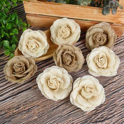 1-5 Peças Juta Rústica Tecido de Juta Cabeças de Flores Rosa DIY Linho Artesanato de Flores Feito à Mão Acessórios Vintage Rústico Casamento Decoração de Casa