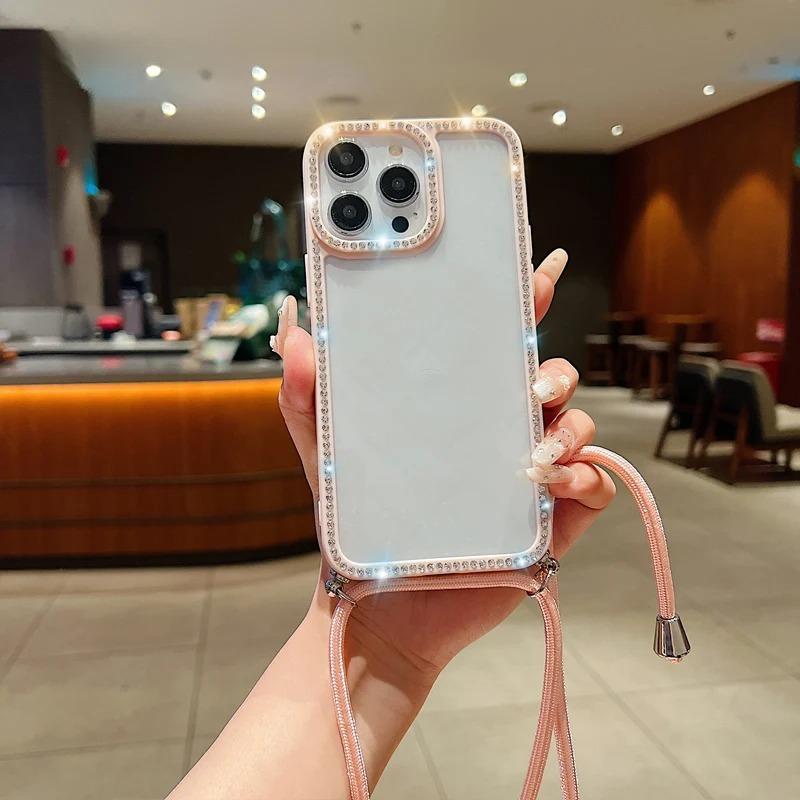 Diamond Glitter Crossbody Necklace Lanyard Case For iPhone 16 16E 11 12 13 14 15 Pro Max Plus Bling Transparent Soft Cover