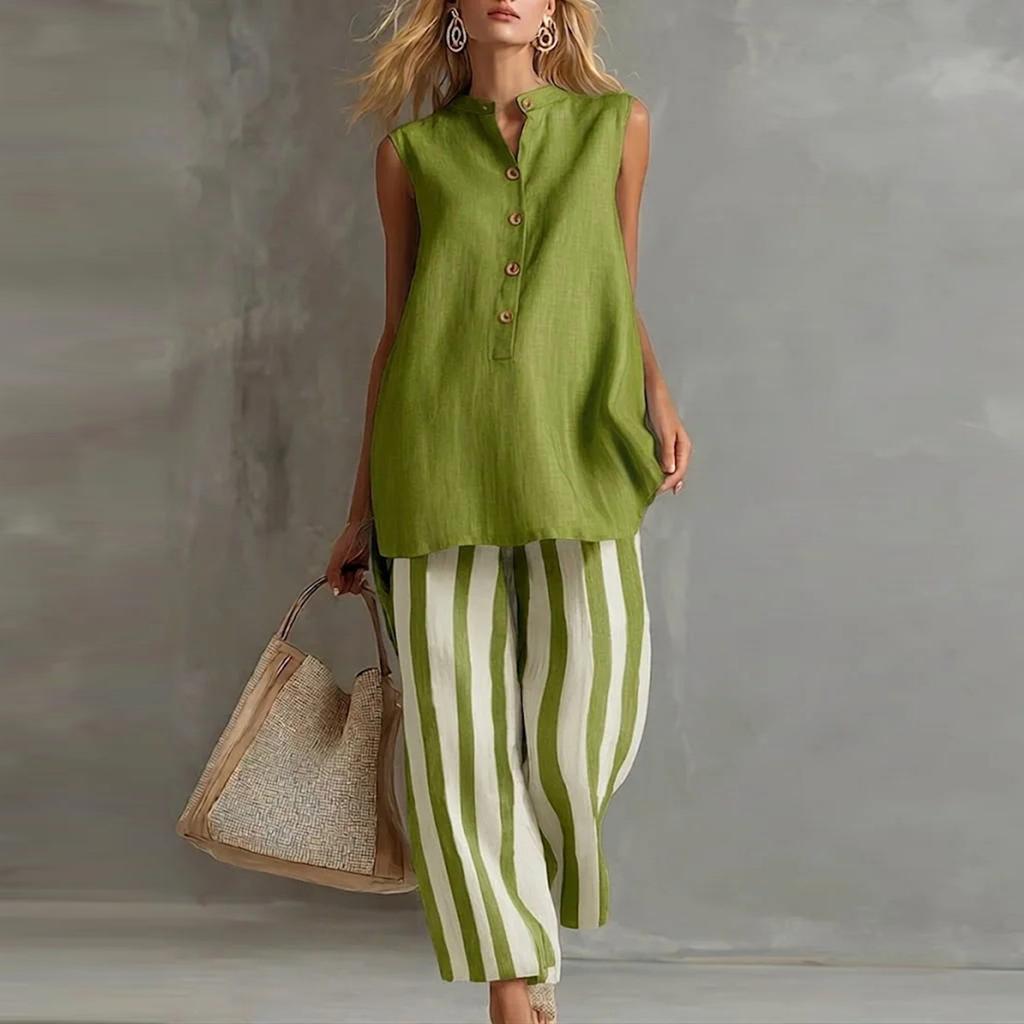 Sleeveless Button Front Blouse and Wide Leg Striped Pants Two Piece Set for Women Casual Loose Fit Summer Outfit