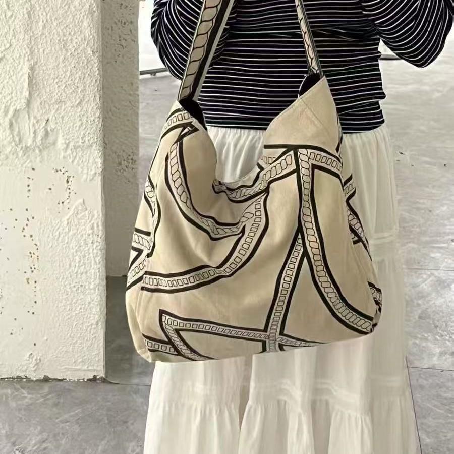Linen Large Capacity Canvas Tote - Natural Woven Cloth Bag with Totem Design