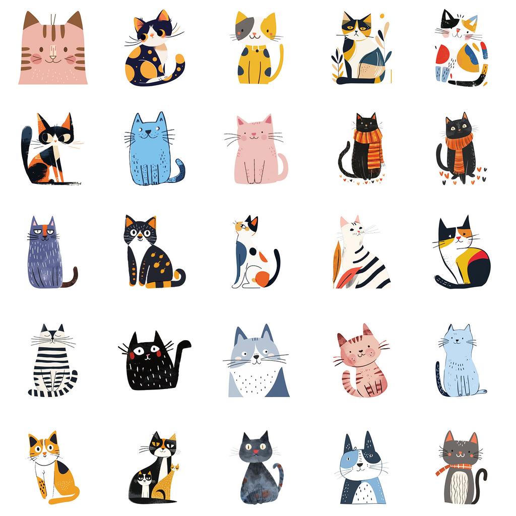 Boutique 50 Cartoon Cat Waterproof Stickers DIY Refrigerator Laptop Hand Account Computer Water Cup Suitcase Decoration