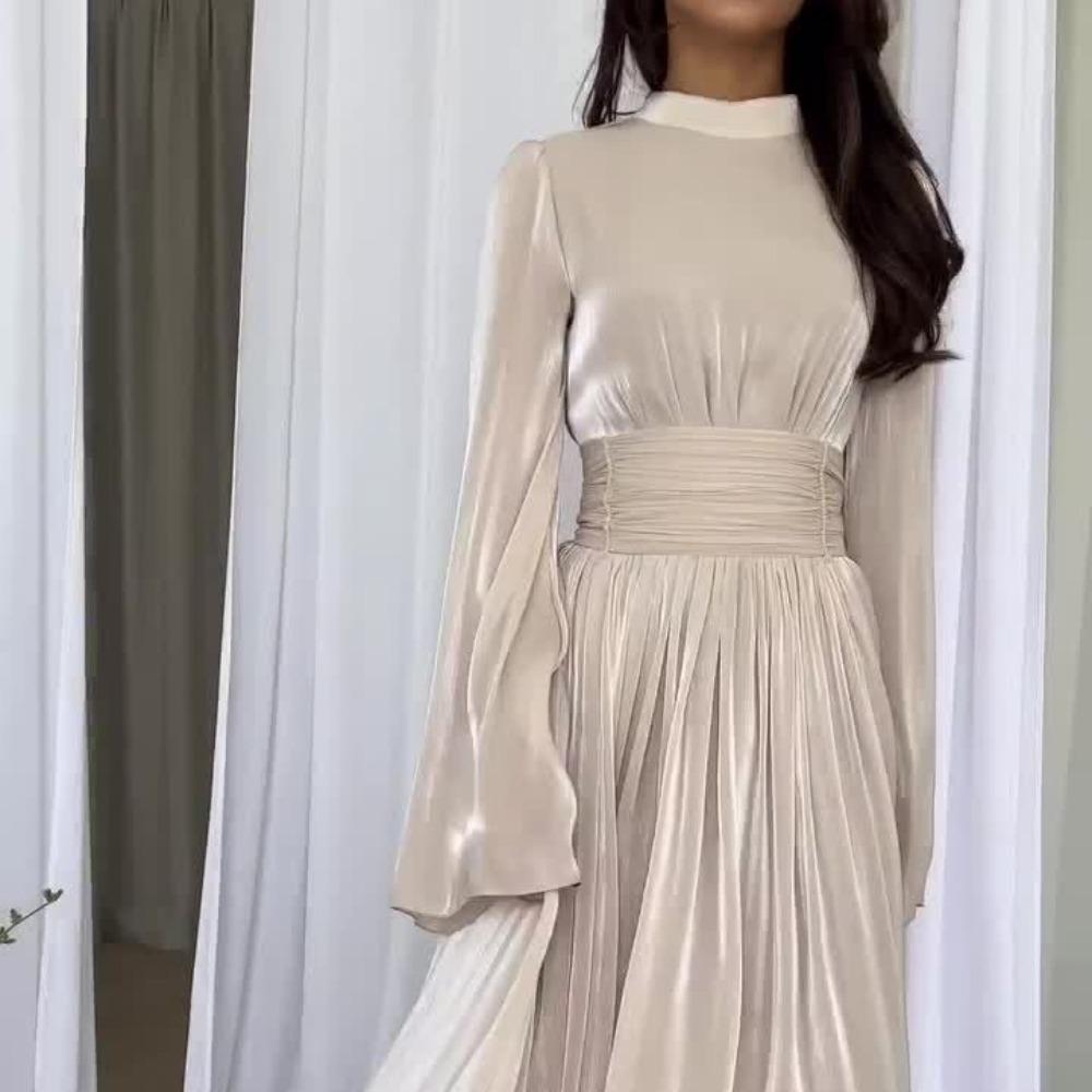 Women's Mock Neck Long Sleeve Maxi Dress Slim Fit High Waist Elegant Pleated Satin Formal Evening Midi Dress