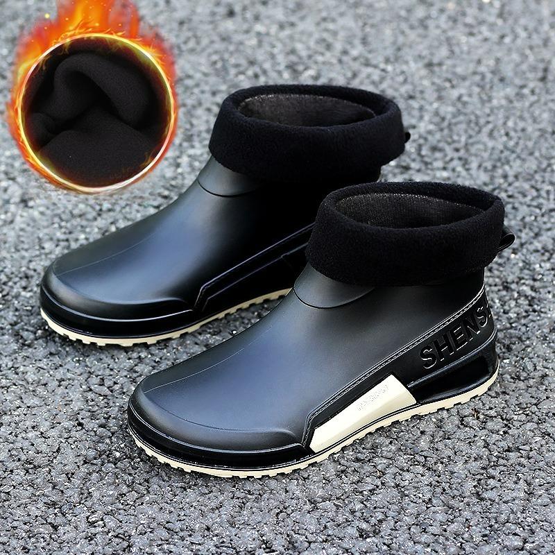 Fashion Men Rain Boots Outdoor Ankle Boots Waterproof Non-Slip Male Rubber Boots Kitchen Car Wash Shoes Plush Couples Rain Shoes