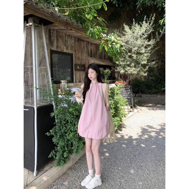 Kumikumi Sweet Age-Reducing Pink Sleeveless Dress Women Summer Simple Flower Bud Skirt Vest Skirt Casual Short Dress
