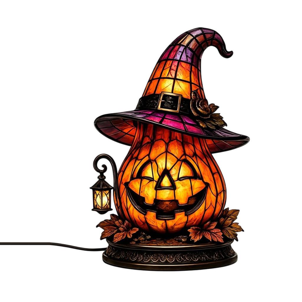 Resin Tabletop Figurine Halloween Pumpkin Witch Hat LED Night Light Warm Glow Smiling Face Fall Seasonal Decor