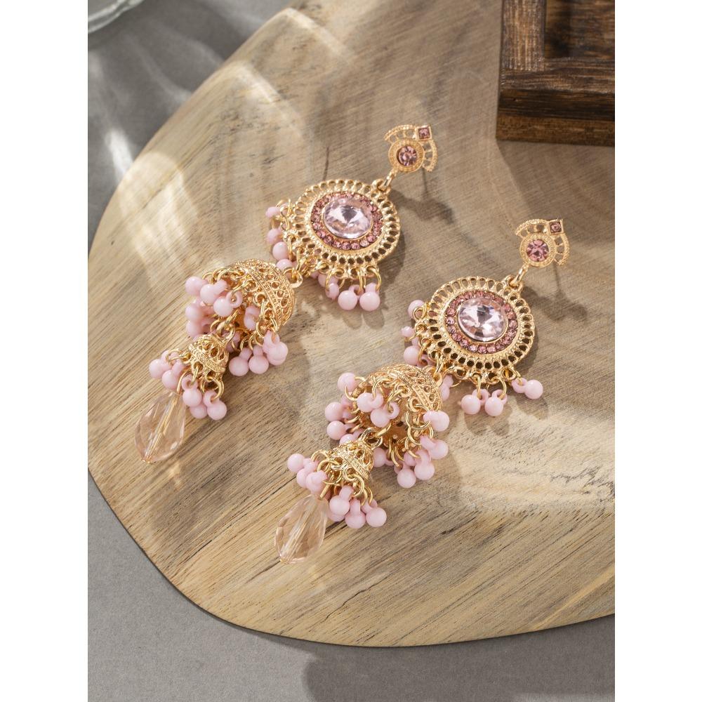Personalized Micro-diamond Earrings Thai Retro Women's Long Luxury Imitation Large Gemstone Bell Fringed Earrings