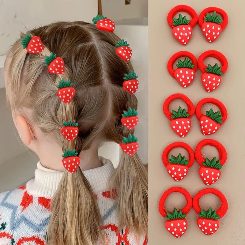 Set of 10 or 30 pieces: Sweet and Cute Strawberry and Cherry Fruit Hair Ties for Little Girls—Red and Festive
