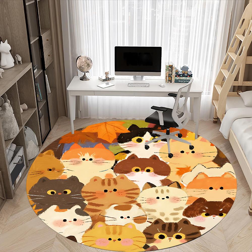 1pc Cat Autumn Office Round Area Rug, Indoor Mat Suitable ForOffice, Under Office Chairs Bedroom Living Room Home Decor, Room Deco N79