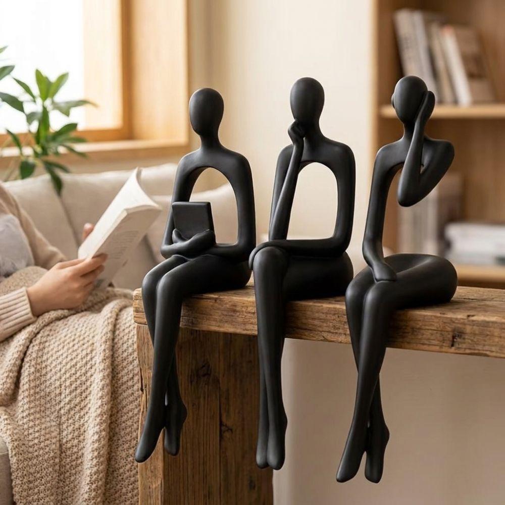 3Pcs Long Leg Abstract Sitting Human Sculpture Set Hollow Reading Thinking Figurine Office Desk